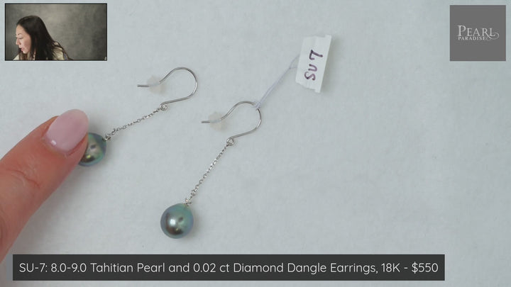 SU-7: 8.0-9.0 Tahitian Pearl and 0.02 ct Diamond Dangle Earrings, 18K