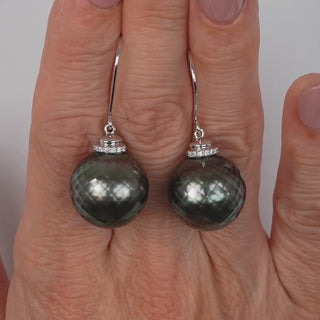 15.0-16.0 mm Faceted Tahitian Pearl and Diamond Earrings