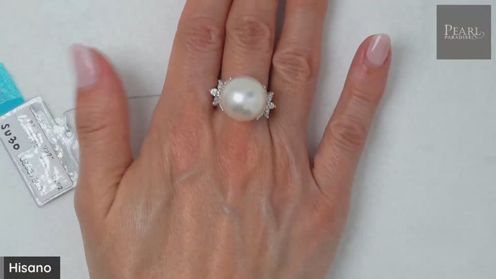 SU-30: 15.3 mm White South Sea Pearl and 0.92 ct Diamond Ring, Sz 6, Platinum