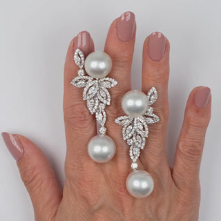 14.0-15.0 mm White South Sea Pearl and Diamond Earrings