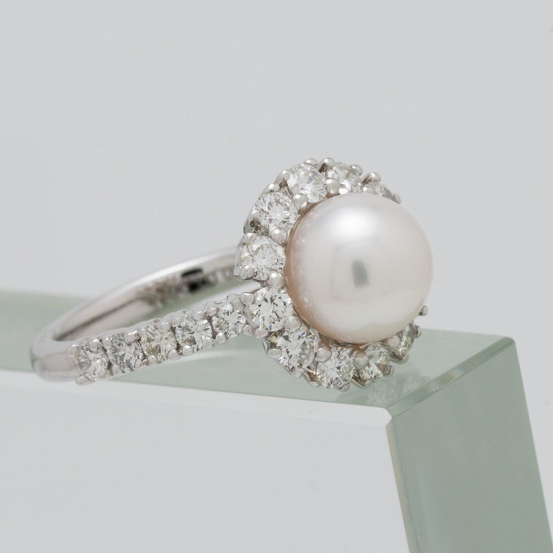 8-8.5 mm Akoya Pearl and Diamond Ring 18K White Gold