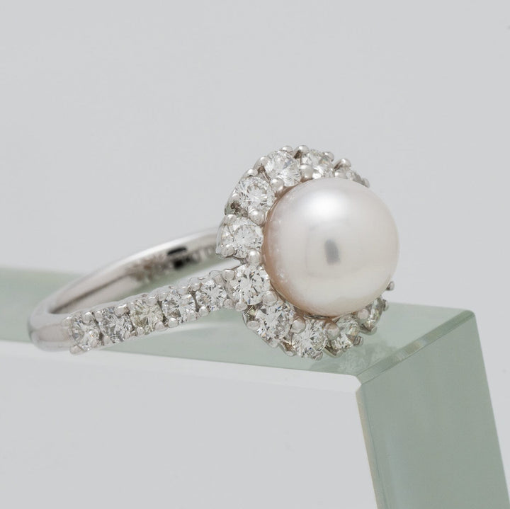 8-8.5 mm Akoya Pearl and Diamond Ring 18K White Gold