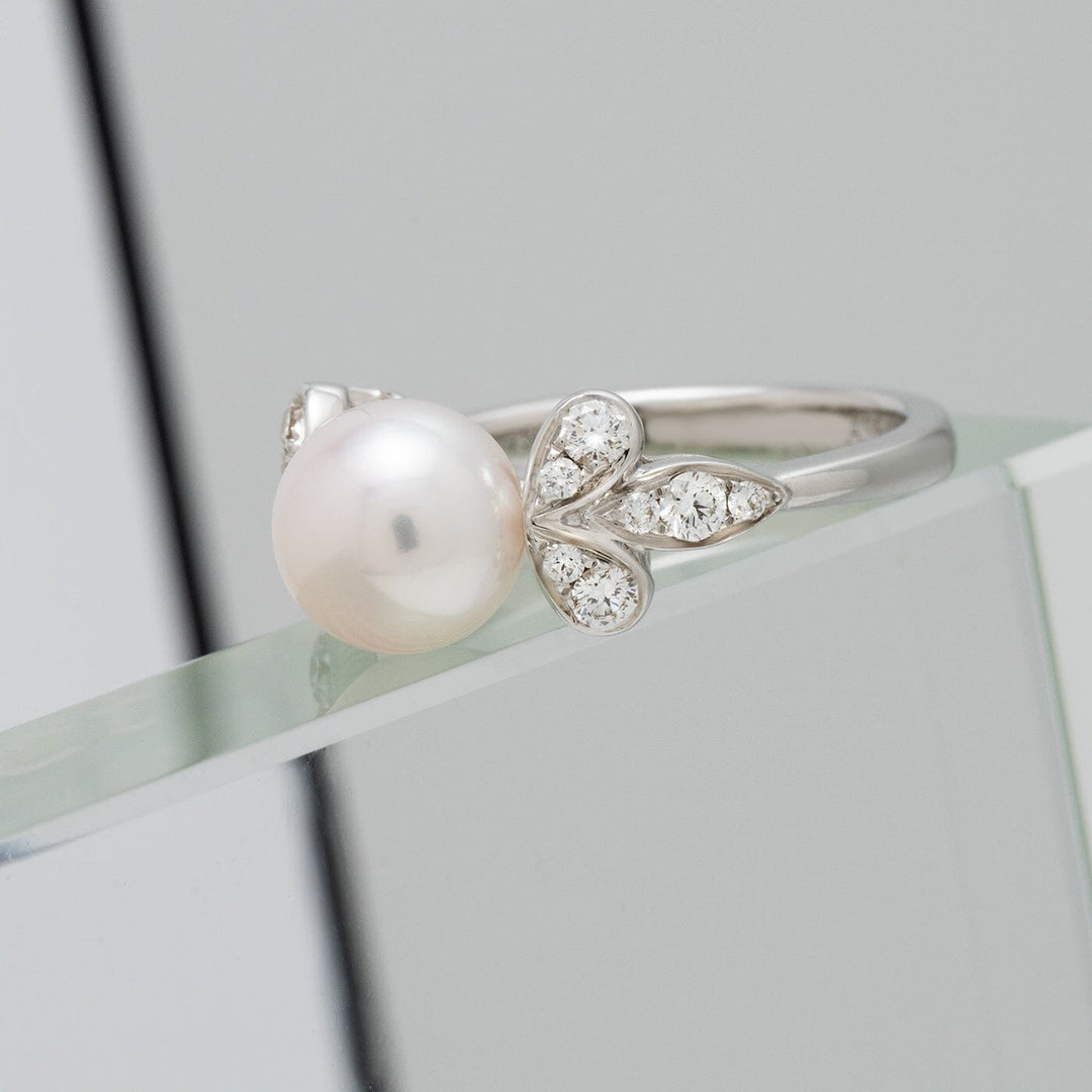 Gem-quality 8.0–8.5 mm akoya pearl ring in 18K white gold, accented with 14 diamonds. Part of a special Assael collection offered by inquiry.