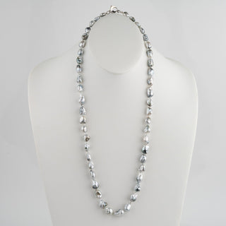 Assael Collection: 9.9–13.0 mm Fijian Pearl Keshi Necklace featuring lustrous irregular gray-white pearls elegantly strung on a 14K white gold clasp, perfect for fine pearl jewelry lovers.