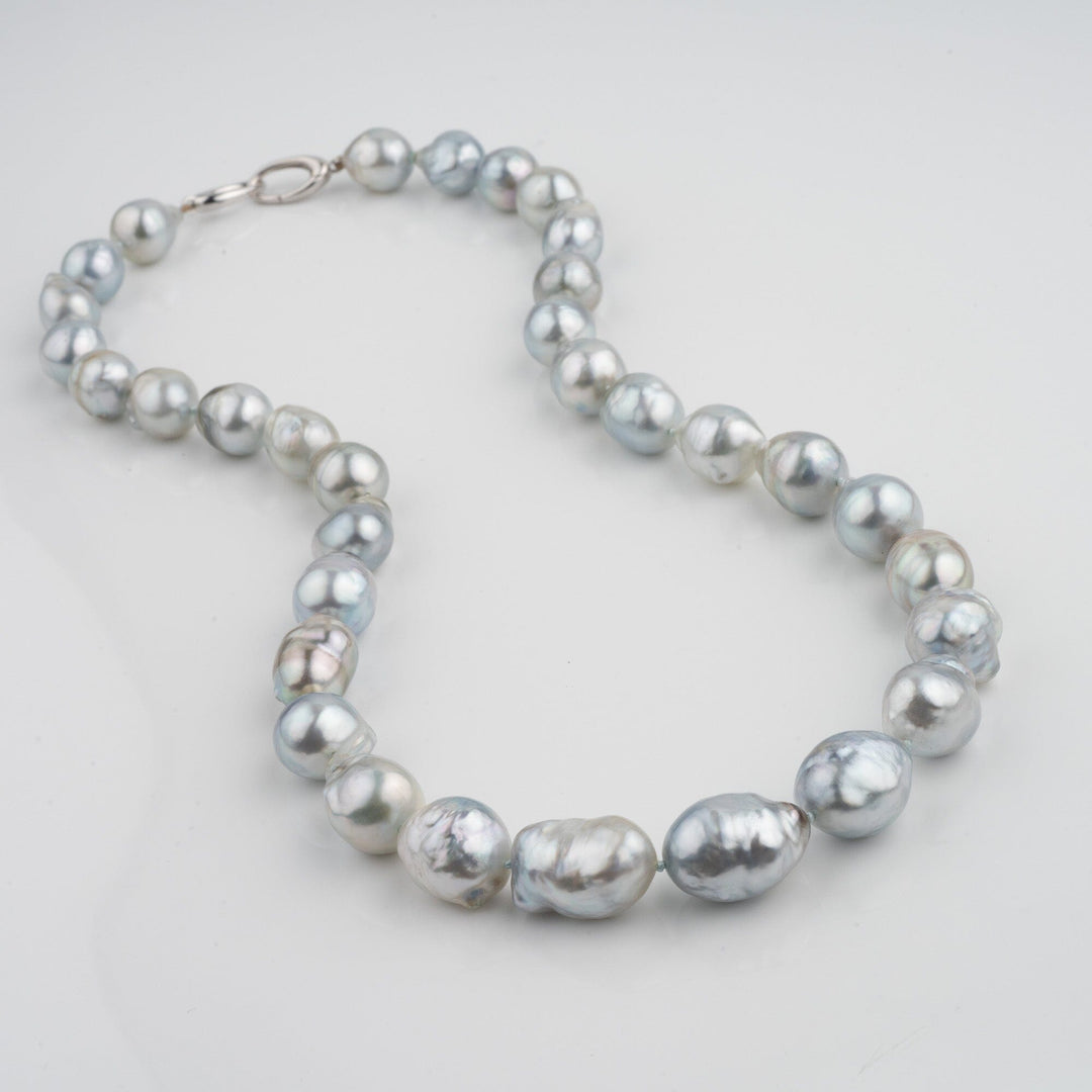 Assael Collection: 11.0-14.0 mm Fijian Pearl Baroque Necklace with lustrous, irregularly shaped pearls in soft silver and gray hues, showcasing elegant natural beauty.
