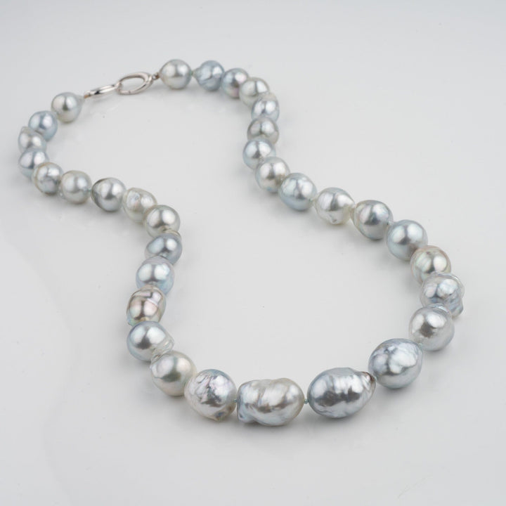 Assael Collection: 11.0-14.0 mm Fijian Pearl Baroque Necklace with lustrous, irregularly shaped pearls in soft silver and gray hues, showcasing elegant natural beauty.