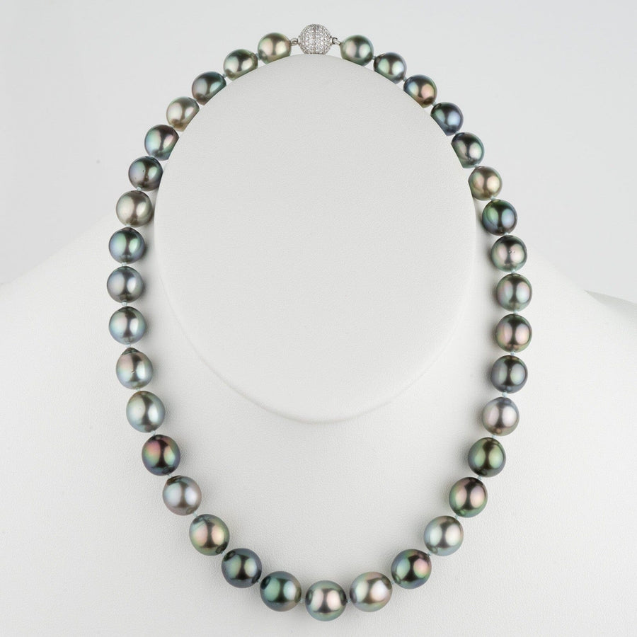 Assael Collection: 10.0–11.7 mm Fijian Pearl Necklace featuring lustrous dark multicolored pearls with a sparkling clasp, displayed on a white bust.