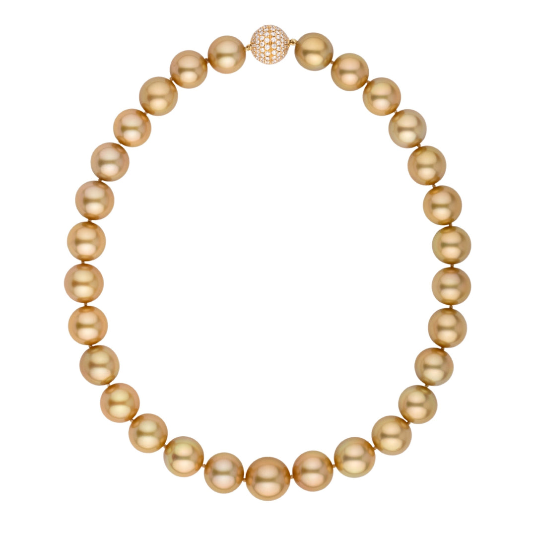 Golden South Sea pearl necklace, 29 pearls 13.0–15.1 mm, 27.9 momme. Deep dark golden color, 18k YG diamond clasp.
