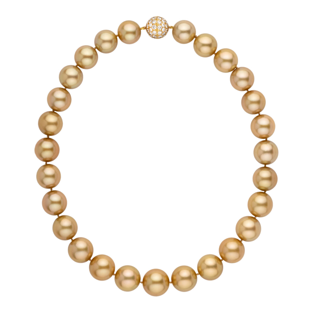 Museum-grade Golden South Sea pearl necklace, 27 pearls 14.0–16.0 mm, 30.4 momme. Dark golden, intense luster, 18k YG 4.19 cttw diamond clasp.