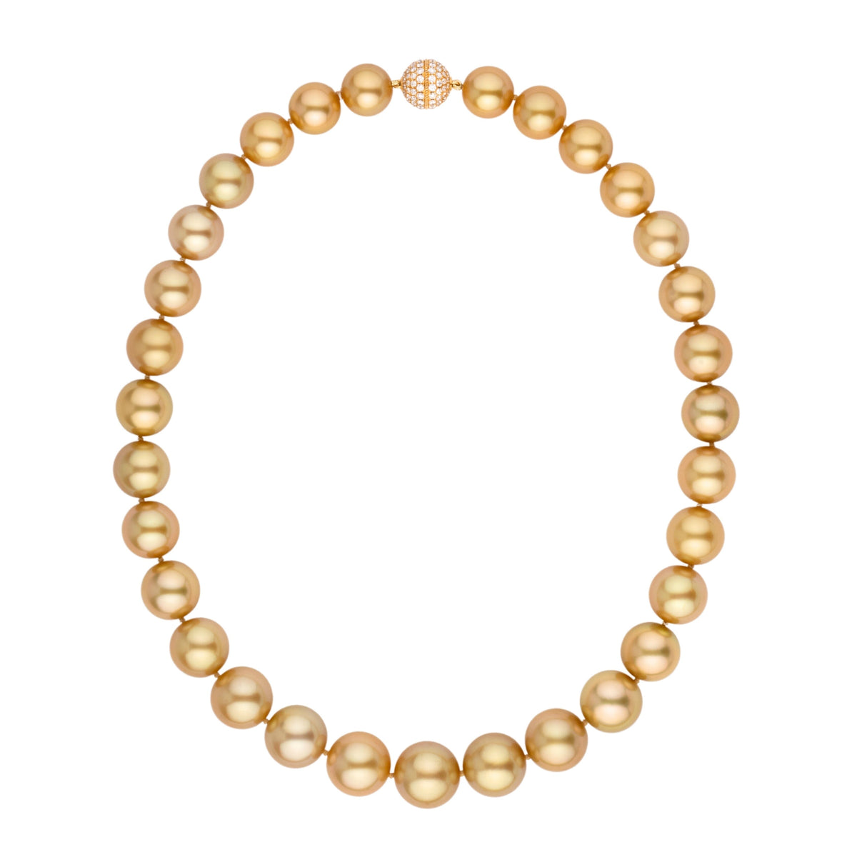 Assael Collection: 11.5–15.0 mm Round Golden South Sea Pearl Necklace with lustrous golden pearls and a diamond-encrusted clasp for elegant, timeless style.