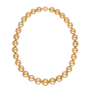 Assael Collection: 11.5–15.0 mm Round Golden South Sea Pearl Necklace with lustrous golden pearls and a diamond-encrusted clasp for elegant, timeless style.