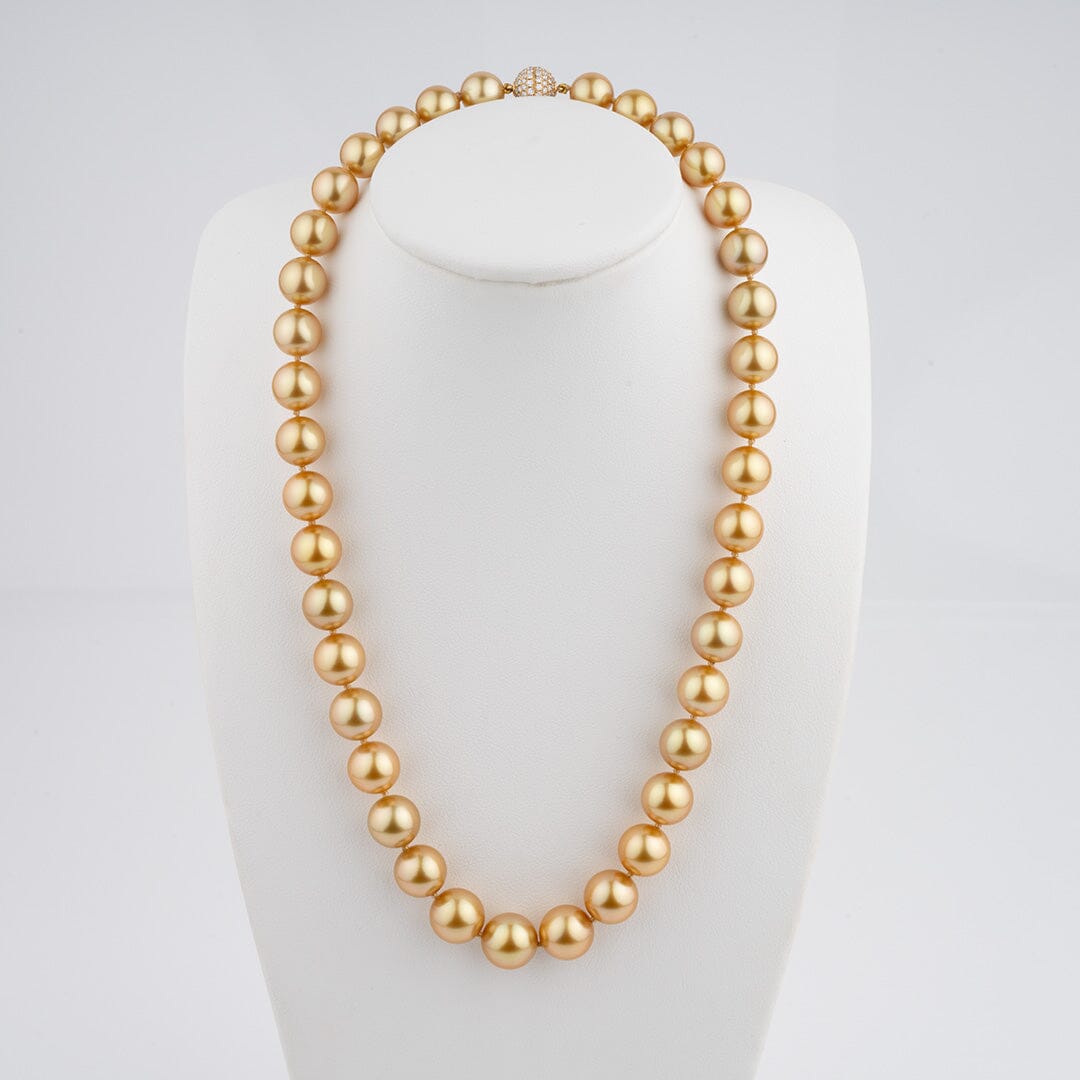9.2–11.4 mm deep golden South Sea pearl and diamond necklace on bust