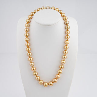 9.2–11.4 mm deep golden South Sea pearl and diamond necklace on bust