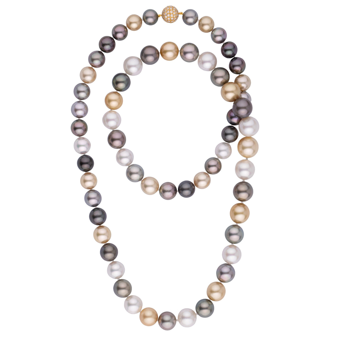 Assael Collection: 11.1–14.9 mm Round South Sea and Tahitian Multicolor Pearl Necklace diamond clasp