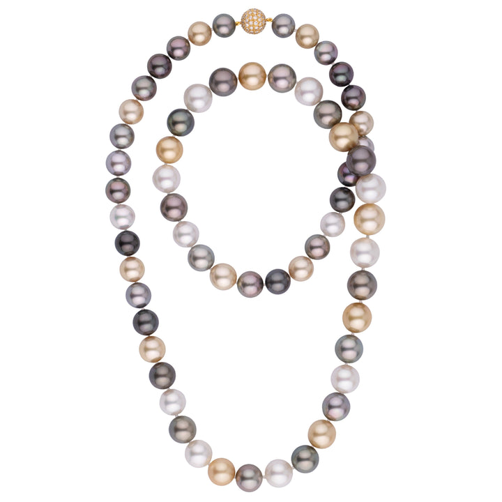 Assael Collection: 11.1–14.9 mm Round South Sea and Tahitian Multicolor Pearl Necklace diamond clasp