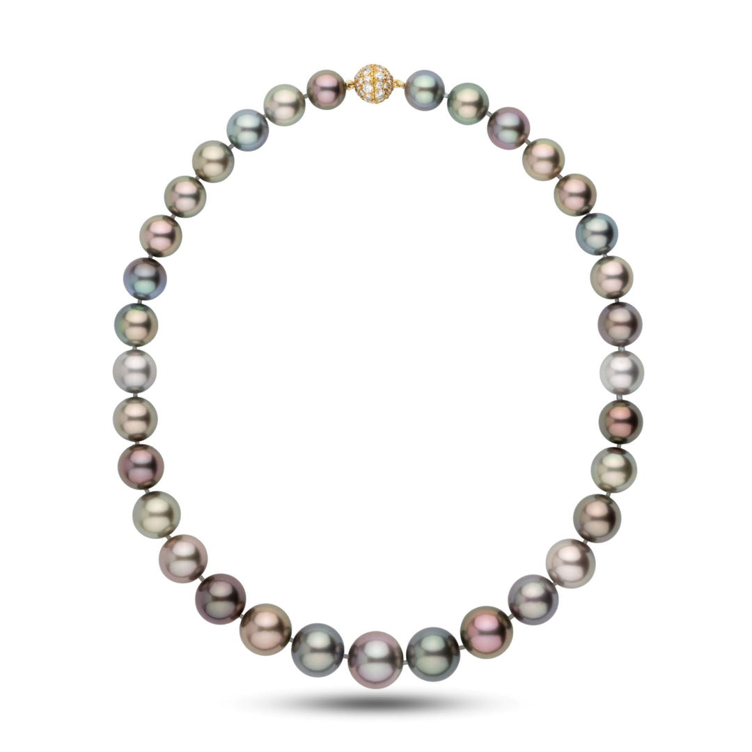 Museum-level multicolor Tahitian pearl necklace, 33 round pearls 10.1–14.2 mm. One-of-a-kind, individually photographed, 18k YG diamond clasp.