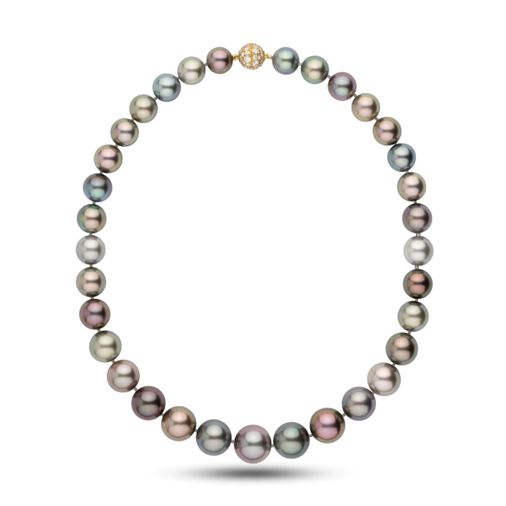 Museum-level multicolor Tahitian pearl necklace, 33 round pearls 10.1–14.2 mm. One-of-a-kind, individually photographed, 18k YG diamond clasp.