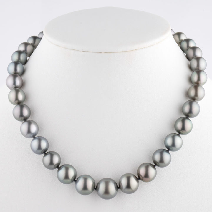 11.0-14.5 mm AA+/AAA Round Tahitian Pearl Necklace on bust