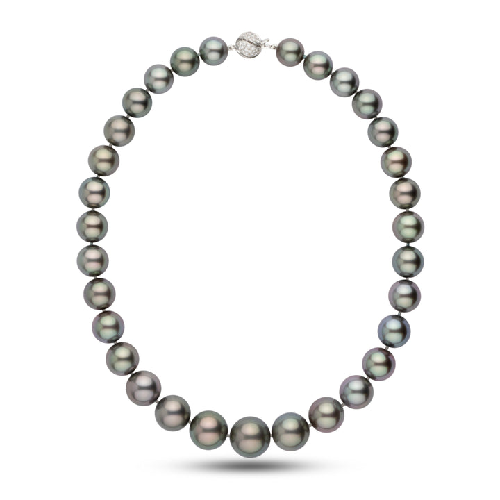 AAA Tahitian pearl necklace, 31 round pearls 11.5–16.3 mm, 26.6 momme. One-of-a-kind peacock overtone, individually photographed, 18k WG diamond clasp.