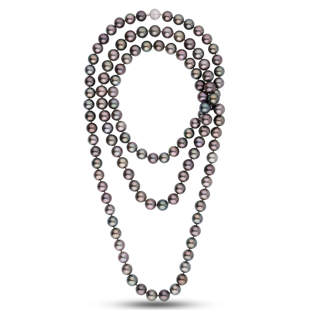 Collector’s multicolor Tahitian pearl necklace, 118 round pearls 10.0–11.0 mm, 51.9 momme. One-of-a-kind, hand-selected, with 18k WG diamond clasp.