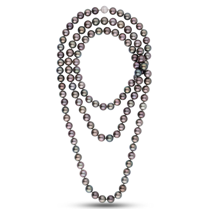 Collector’s multicolor Tahitian pearl necklace, 118 round pearls 10.0–11.0 mm, 51.9 momme. One-of-a-kind, hand-selected, with 18k WG diamond clasp.
