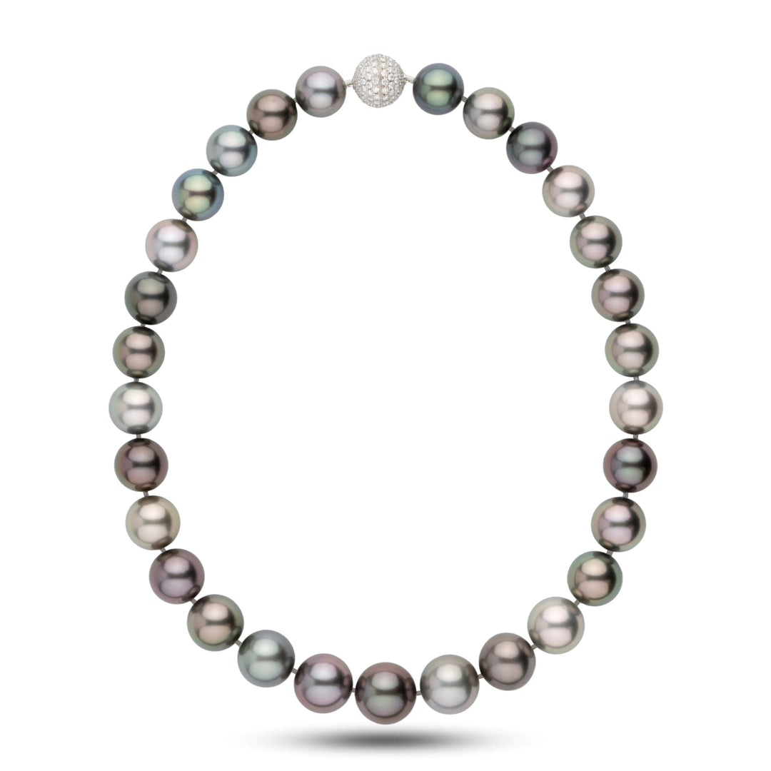 Round Multicolor Tahitian Natural Color Cultured Pearl Necklace, 29 Pearls, 13.0 to 15.5mm with an 18K WG Clasp 158 Diamonds 2.30 ct (17.0 in)