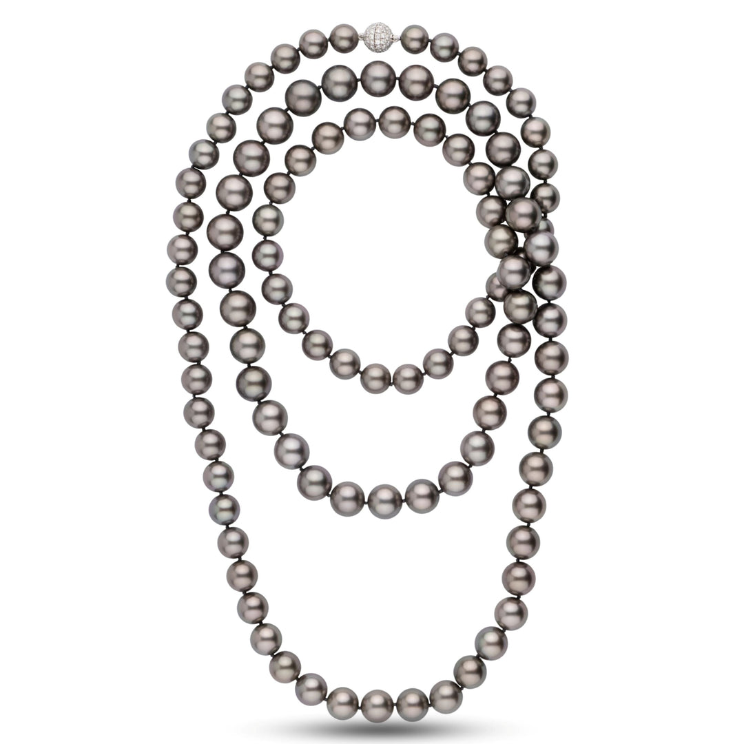Extraordinary Tahitian pearl necklace, 103 round pearls 10.1–12.8 mm, 58.9 momme. Very dark bodycolor, AAA quality, 18k WG diamond clasp, one-of-a-kind.