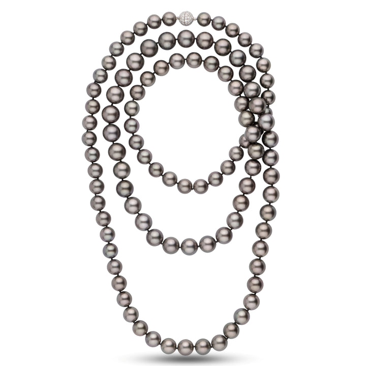 Extraordinary Tahitian pearl necklace, 103 round pearls 10.1–12.8 mm, 58.9 momme. Very dark bodycolor, AAA quality, 18k WG diamond clasp, one-of-a-kind.