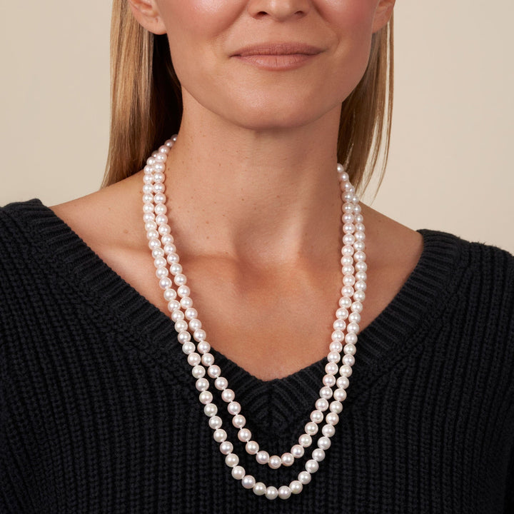7.5-8 mm AAA Akoya Pearl Long Double Strand with Diamond Clasp Necklace