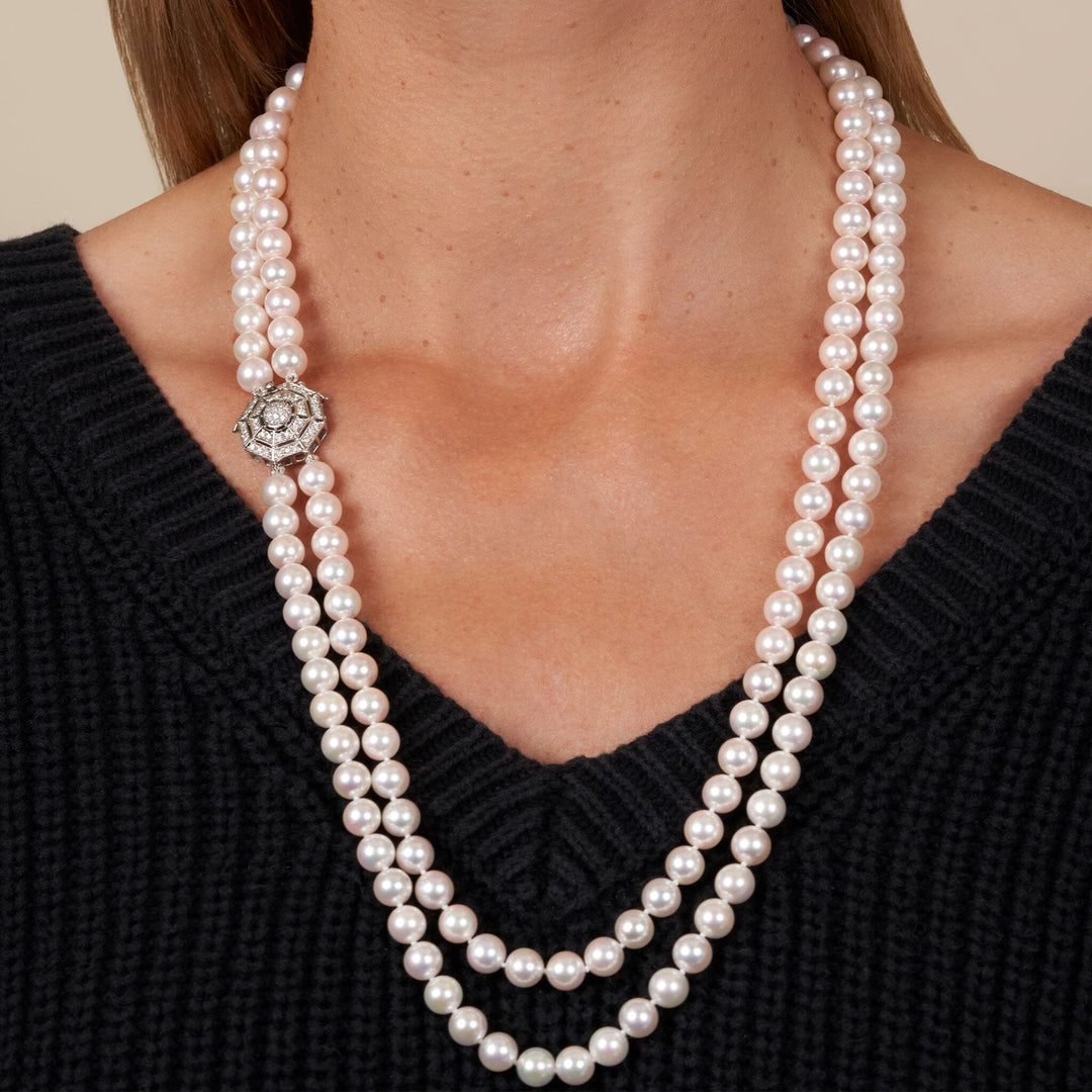 7.5-8 mm AAA Akoya Pearl Long Double Strand with Diamond Clasp 