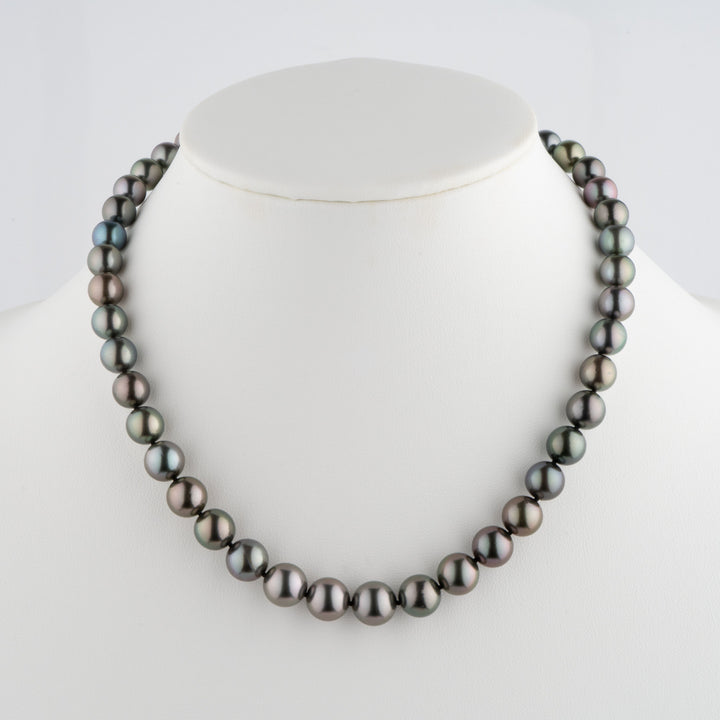 8.1-10.9 mm AA+/AAA Tahitian Round Pearl Necklace displayed on a white bust, showcasing lustrous black and peacock-colored cultured pearls in a classic strand design.