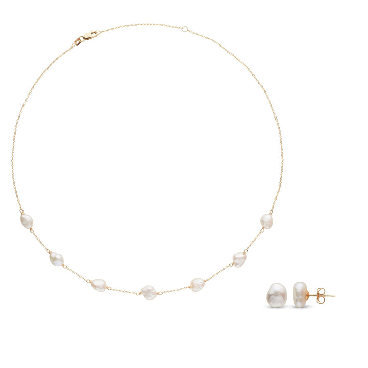 6.0-7.0 mm White Freshwater Keshi Pearl Tin Cup Necklace and Stud Earrings Set