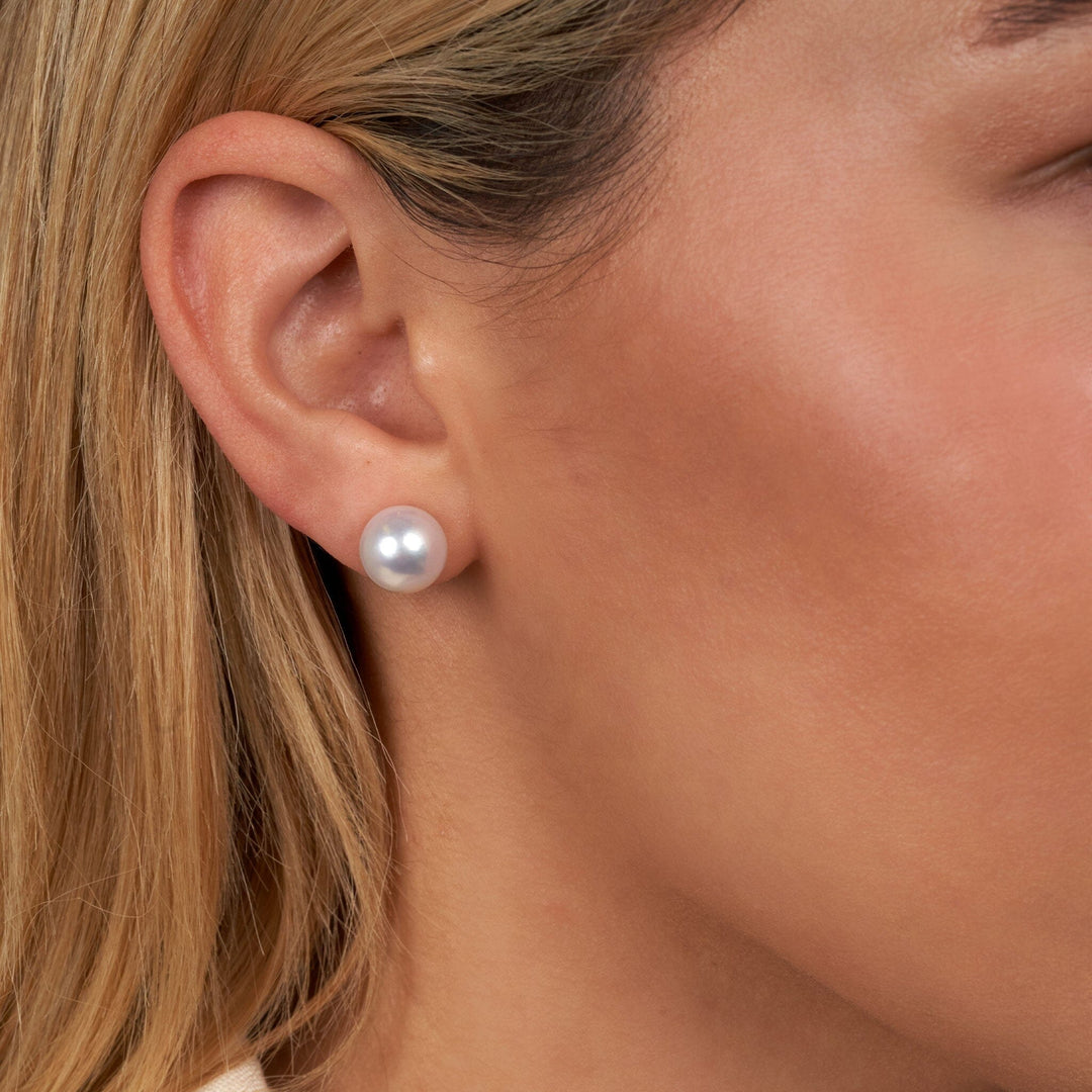 10.0-11.0 mm White Edison Freshwater Pearl Stud Earrings on model