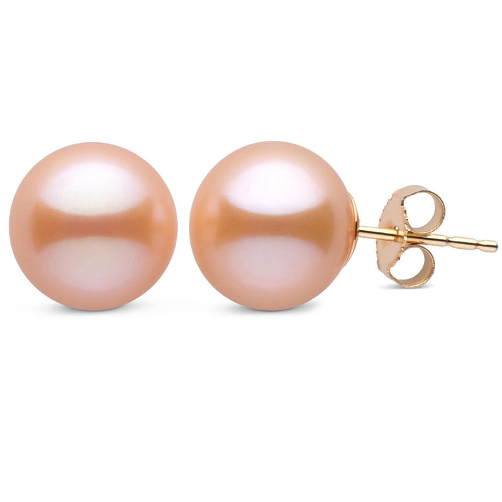 10.0-11.0 mm Pink to Peach Freshadama Freshwater Pearl Stud Earrings yellow gold