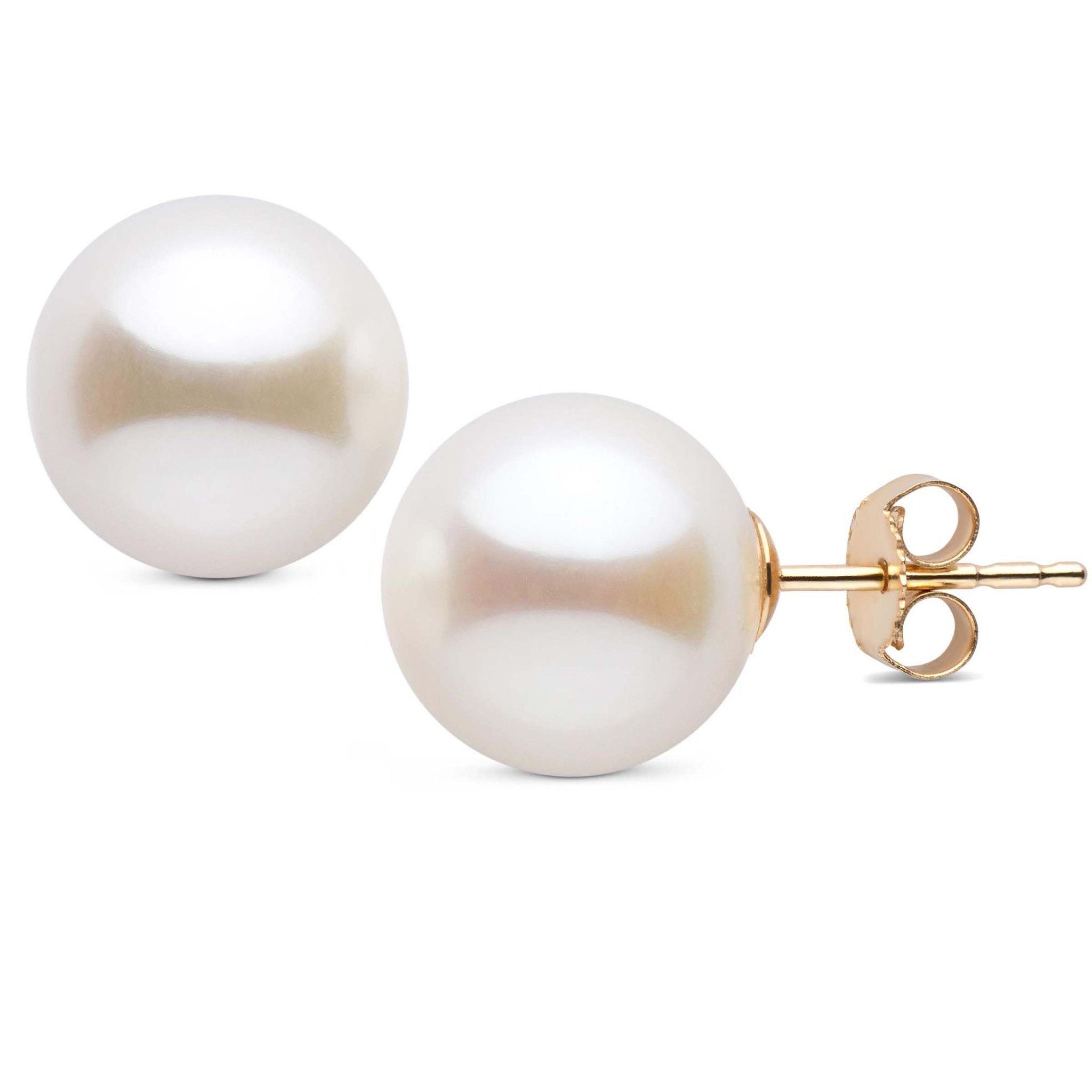 10.0-11.0 mm AAA White Freshwater Pearl Stud Earrings yellow gold