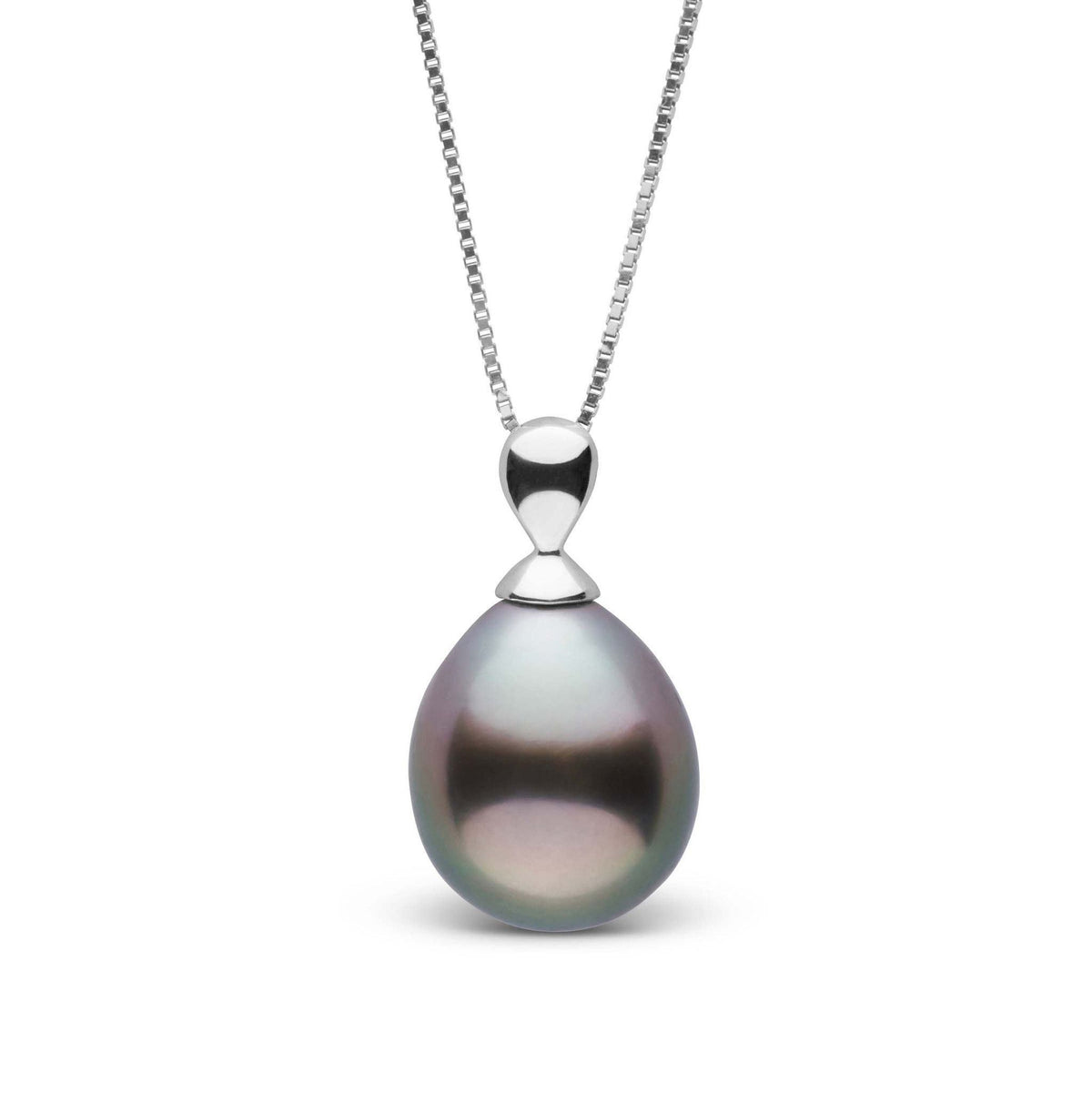 Dew Collection 10.0-11.0 mm Tahitian Drop Pearl Pendant featuring a lustrous dark tahitian pearl on a sleek 14K white gold bail with a delicate 14K white gold chain, elegant and timeless design.