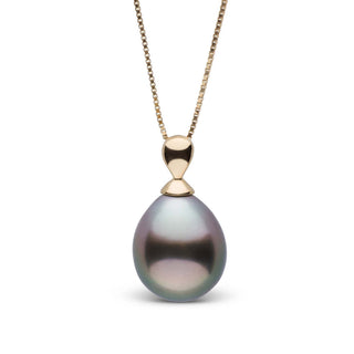 Dew Collection 10.0-11.0 mm Tahitian Drop Pearl Pendant featuring a lustrous dark Tahitian pearl with subtle iridescent hues, set on a delicate gold chain.