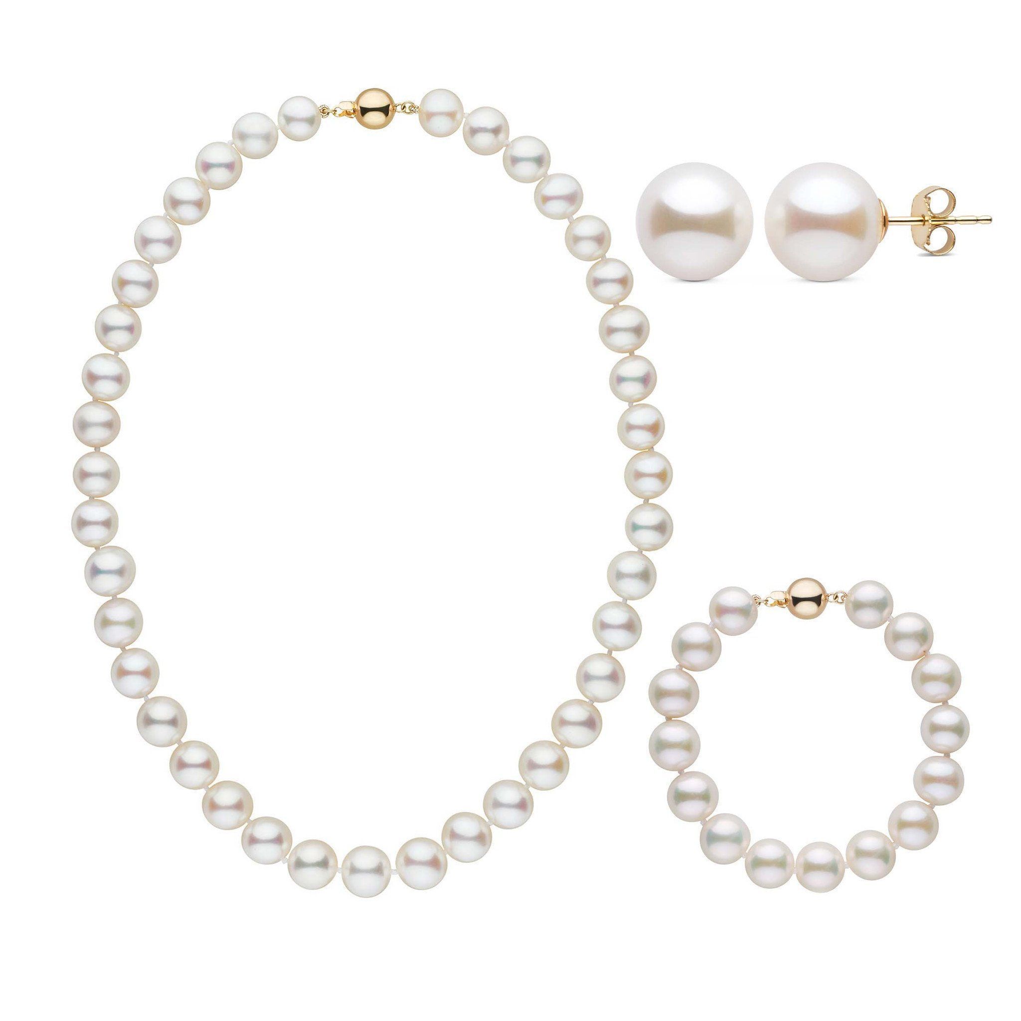 16 Inch 3 Piece 9.5-10.5 mm AAA White Freshwater Pearl Set yellow gold
