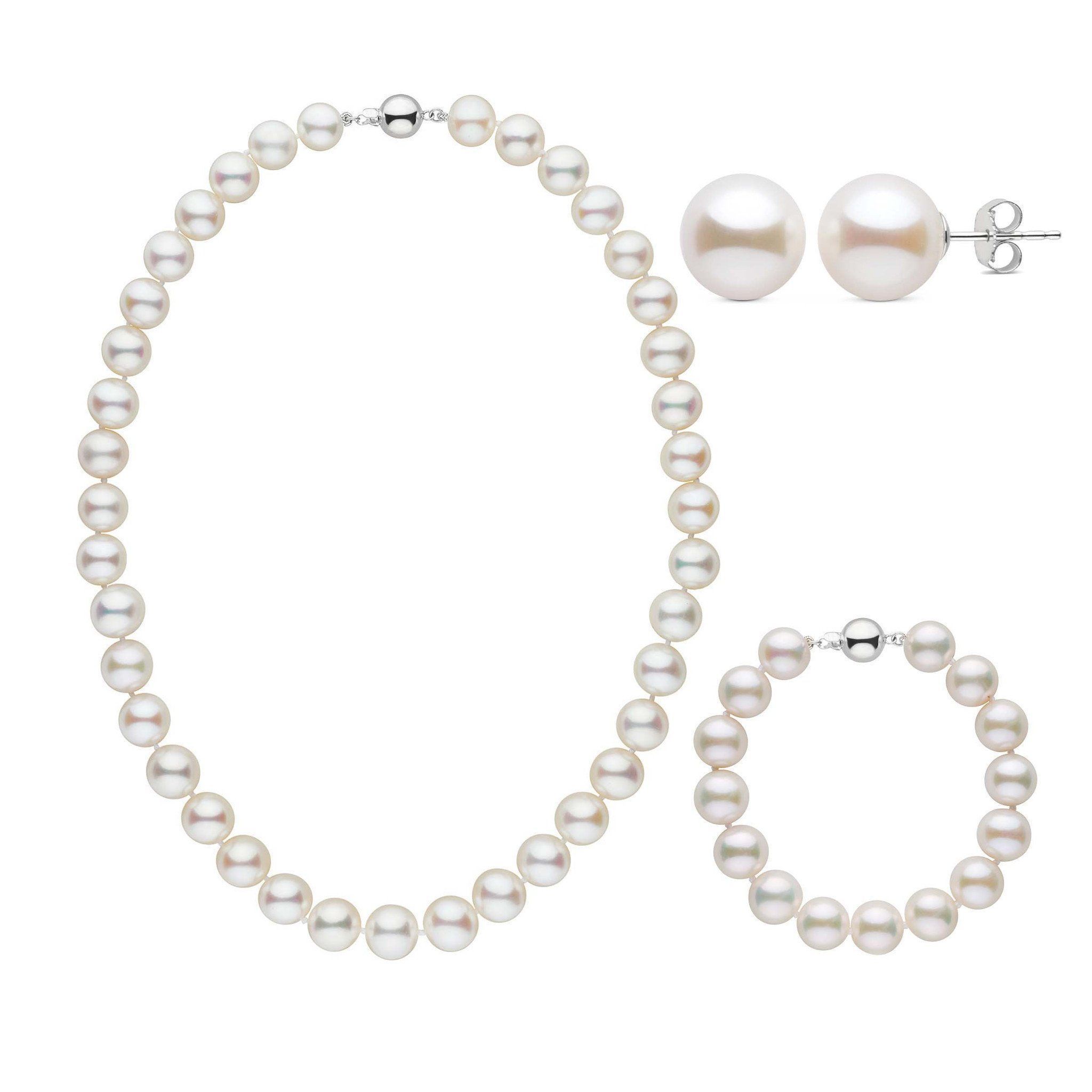 16 Inch 3 Piece 9.5-10.5 mm AAA White Freshwater Pearl Set white gold