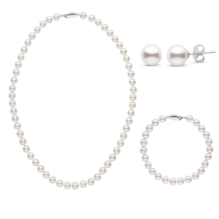 16 Inch 3 Piece Set of 6.5-7.0 mm AA+ White Akoya Pearls White Gold