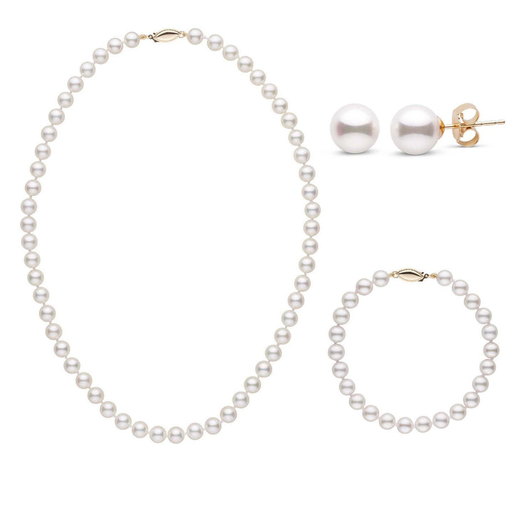 16 Inch 3 Piece Set of 6.5-7.0 mm AA+ White Akoya Pearls Yellow Gold