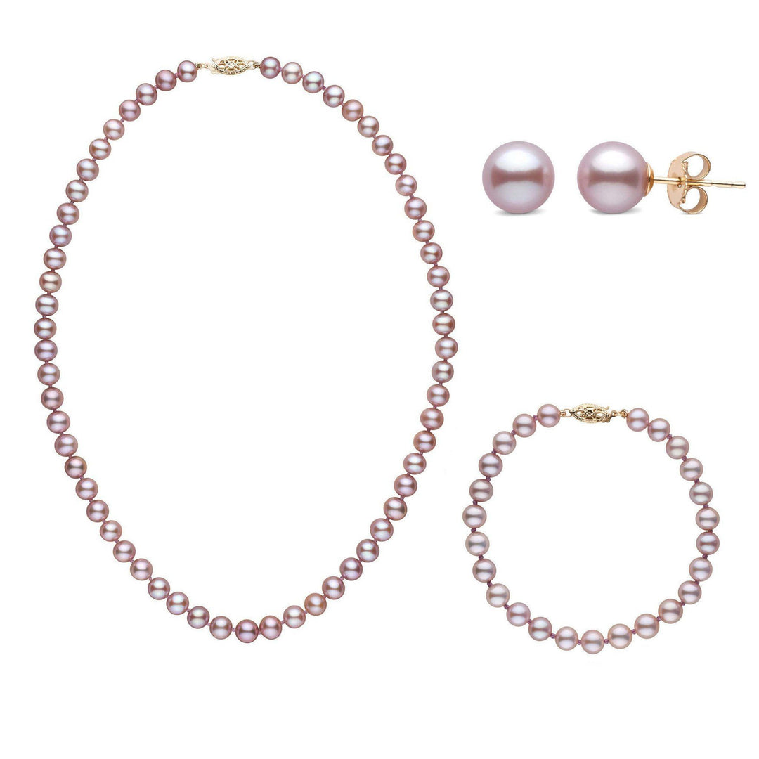 16 Inch 3 Piece Set of 6.5-7.0 mm AAA Lavender Freshwater Pearls yellow gold