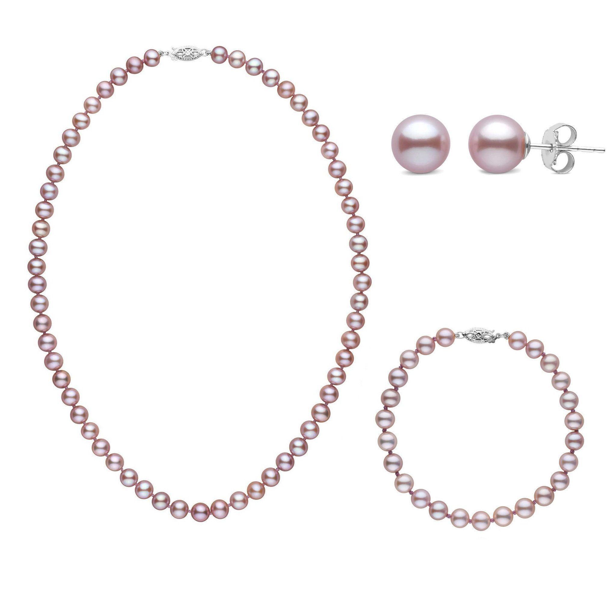 16 Inch 3 Piece Set of 6.5-7.0 mm AAA Lavender Freshwater Pearls white gold