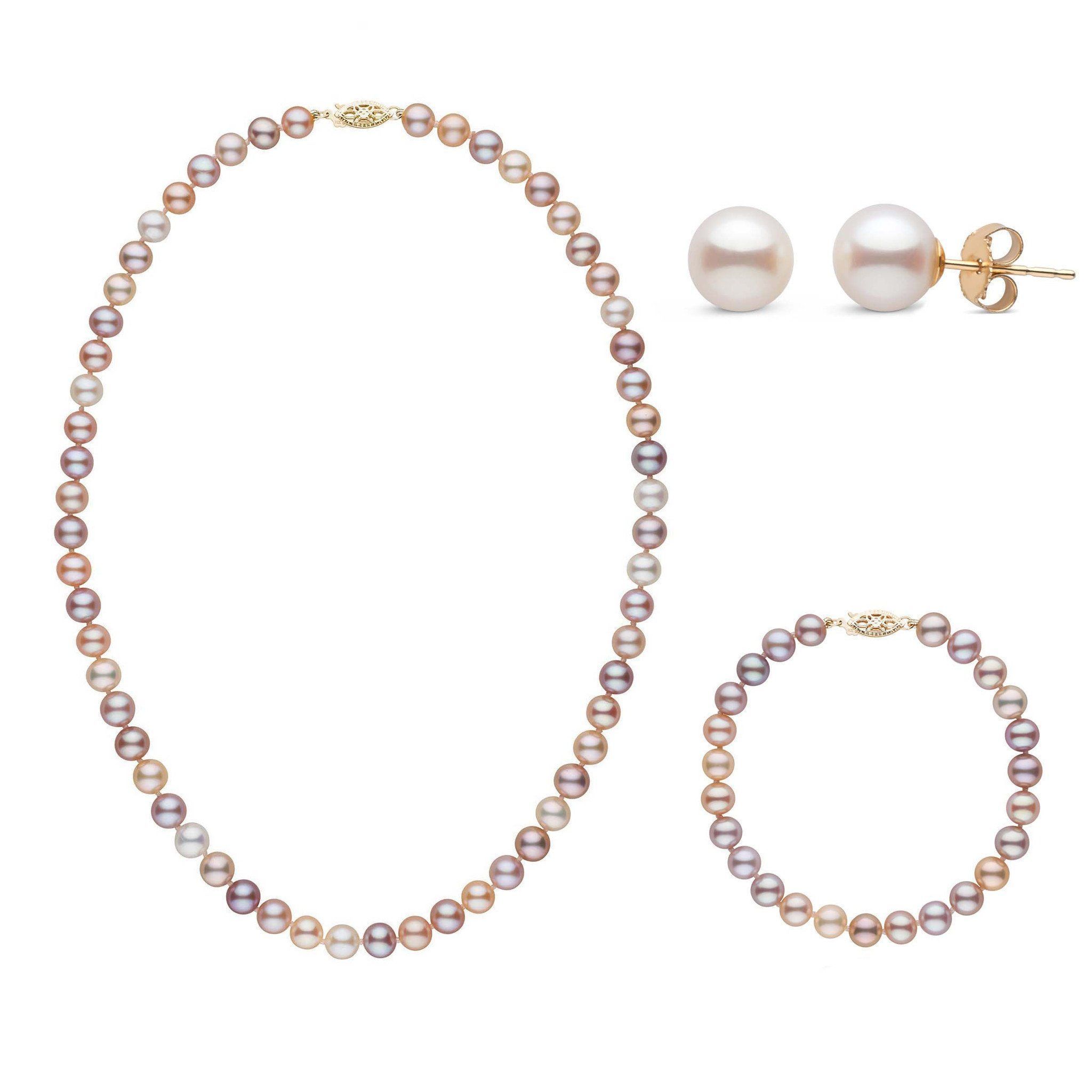 16 Inch 3 Piece Set of 6.5-7.0 mm AAA Multicolor Freshwater Pearls yellow gold
