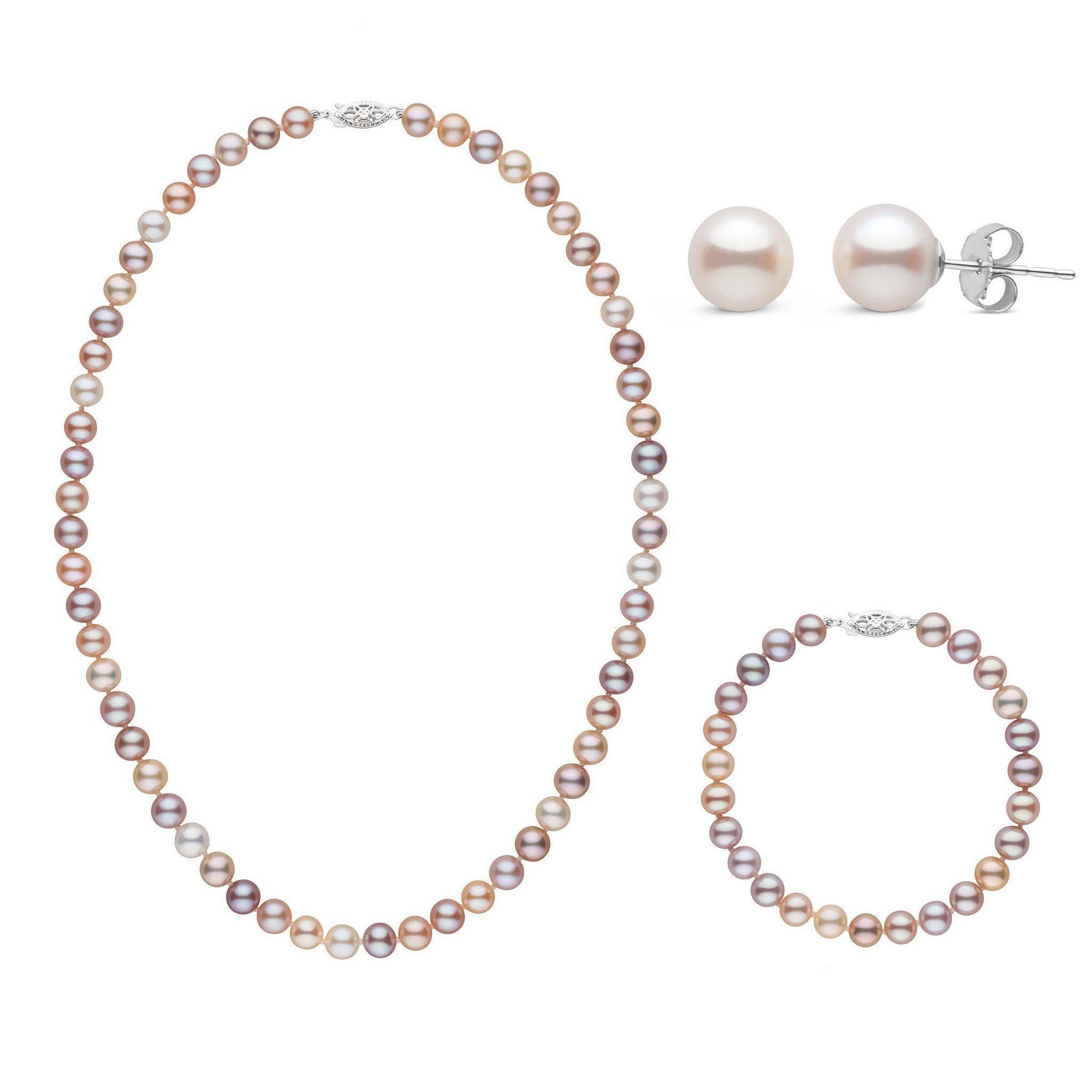 16 Inch 3 Piece Set of 6.5-7.0 mm AAA Multicolor Freshwater Pearls white gold