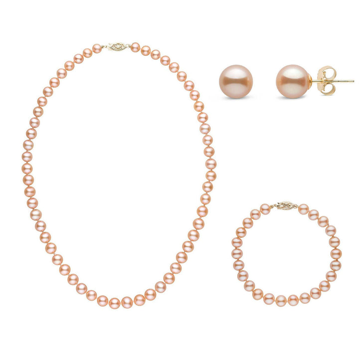 16 Inch 3 Piece Set of 6.5-7.0 mm AAA Pink Freshwater Pearls yellow gold
