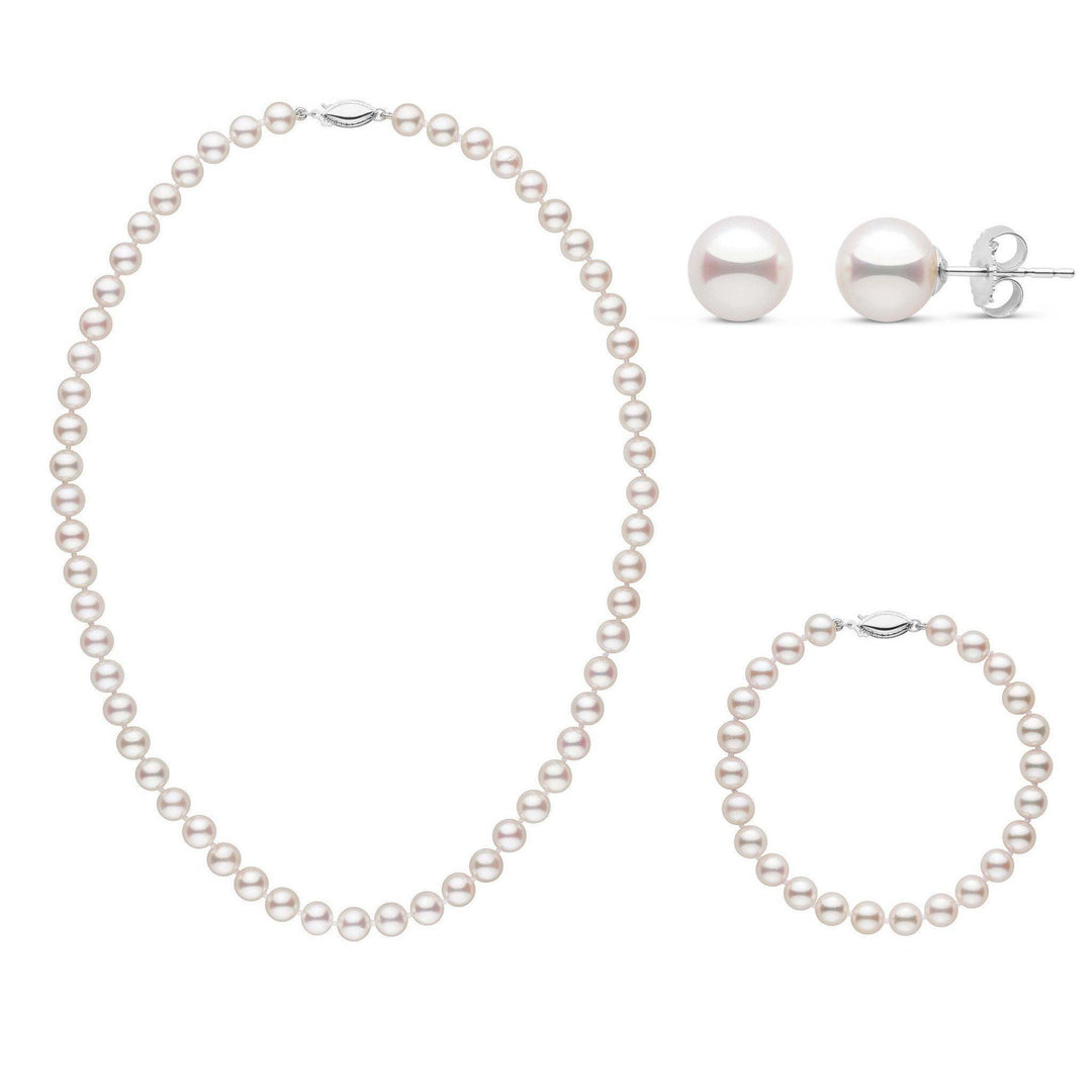 16 Inch 3 Piece Set of 6.5-7.0 mm AAA White Akoya Pearls White Gold