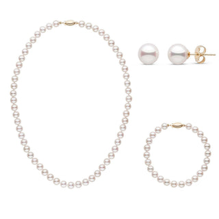 16 Inch 3 Piece Set of 6.5-7.0 mm AAA White Akoya Pearls Yellow Gold