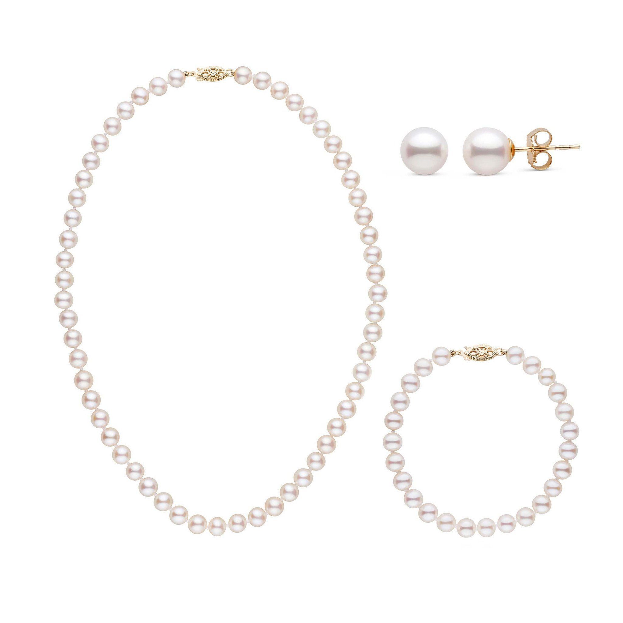 16 Inch 3 Piece Set of 6.5-7.0 mm AAA White Freshwater Pearls yellow gold