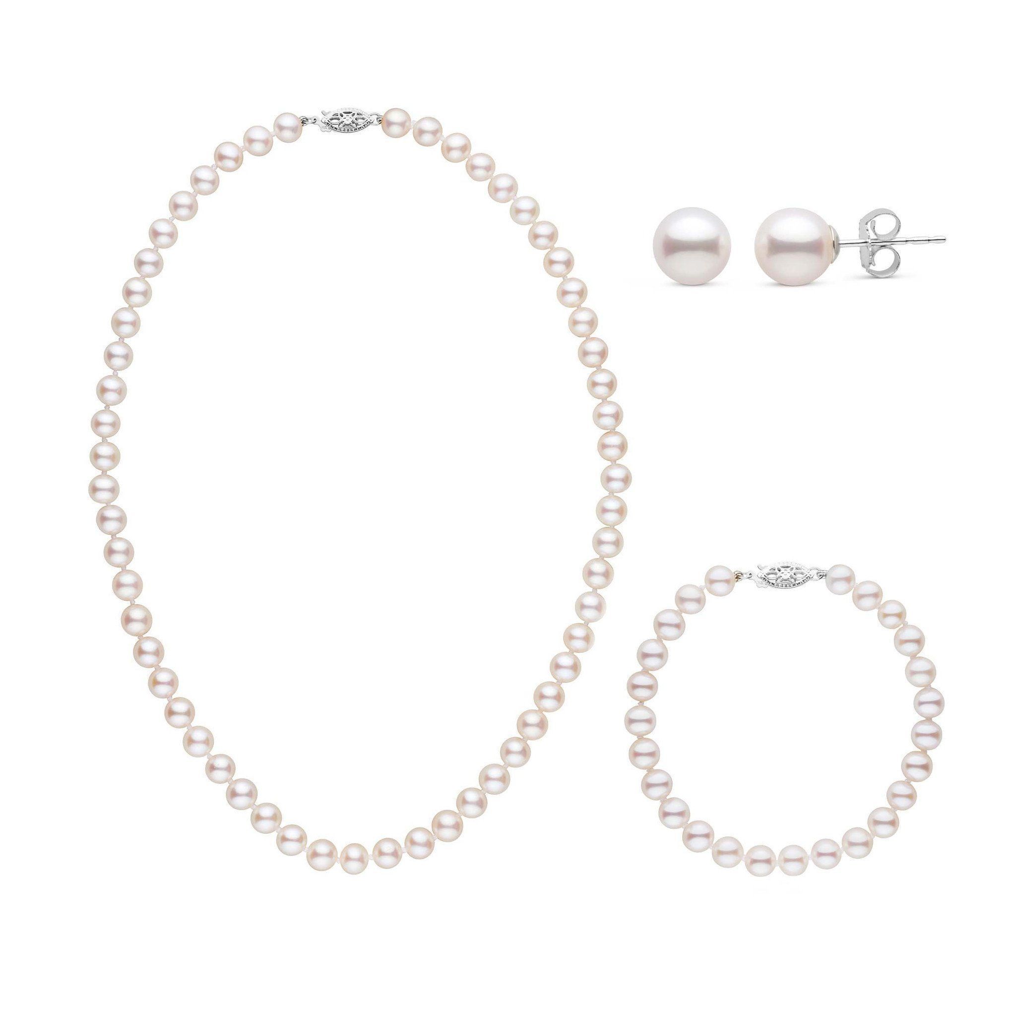 16 Inch 3 Piece Set of 6.5-7.0 mm AAA White Freshwater Pearls white gold